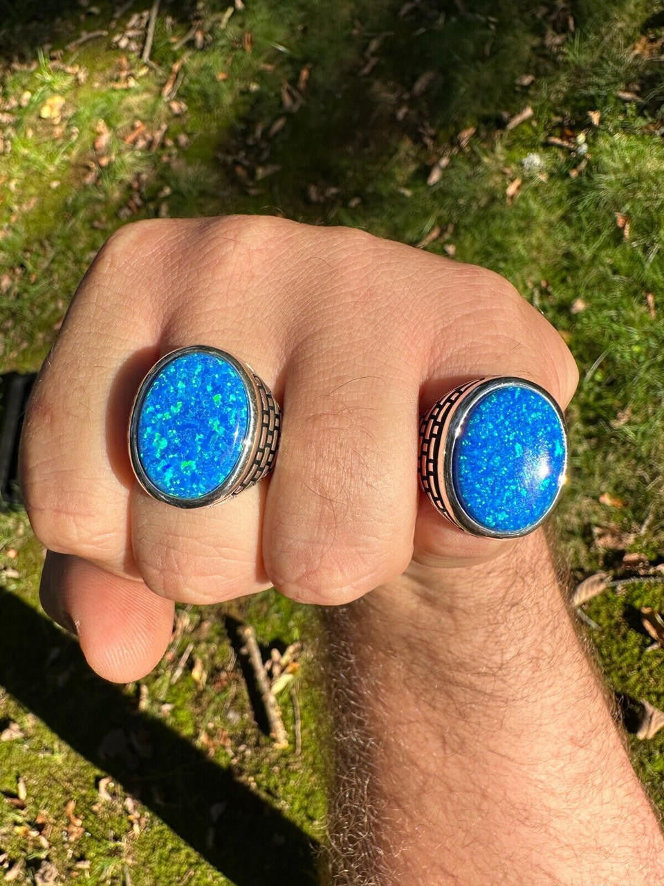 Large Oval Brick Road Ring - 925 Silver Oxidized W. Silver Bezel - Synthetic Blue Opal