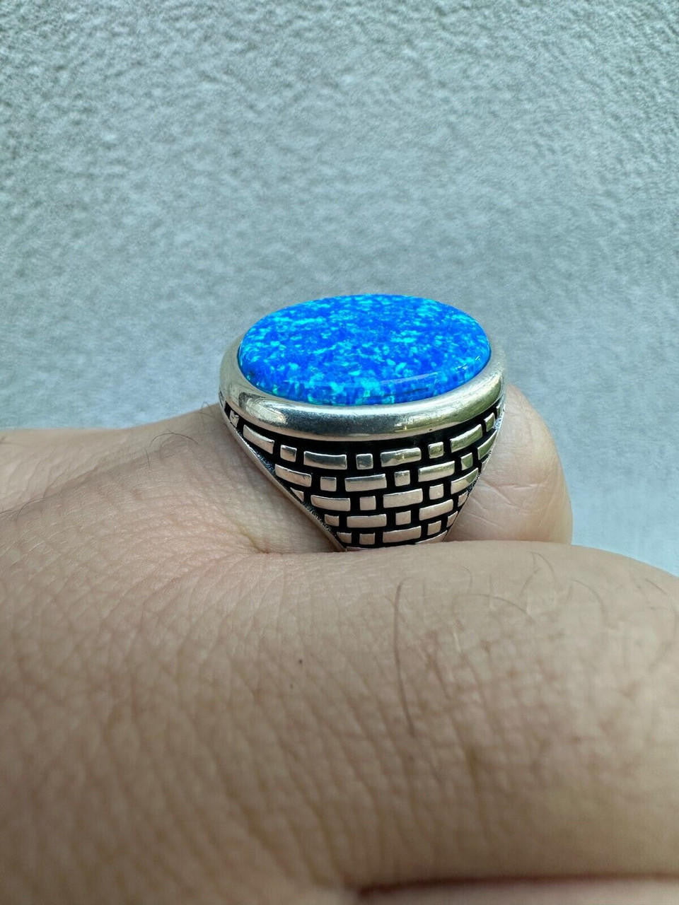 Large Oval Brick Road Ring - 925 Silver Oxidized W. Silver Bezel - Synthetic Blue Opal