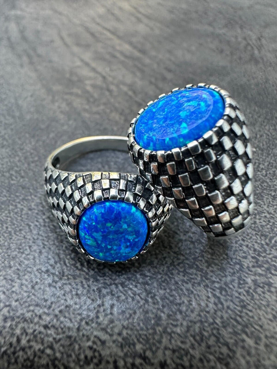 Black & White Ring - 925 Silver Oxidized - Synthetic Blue Opal