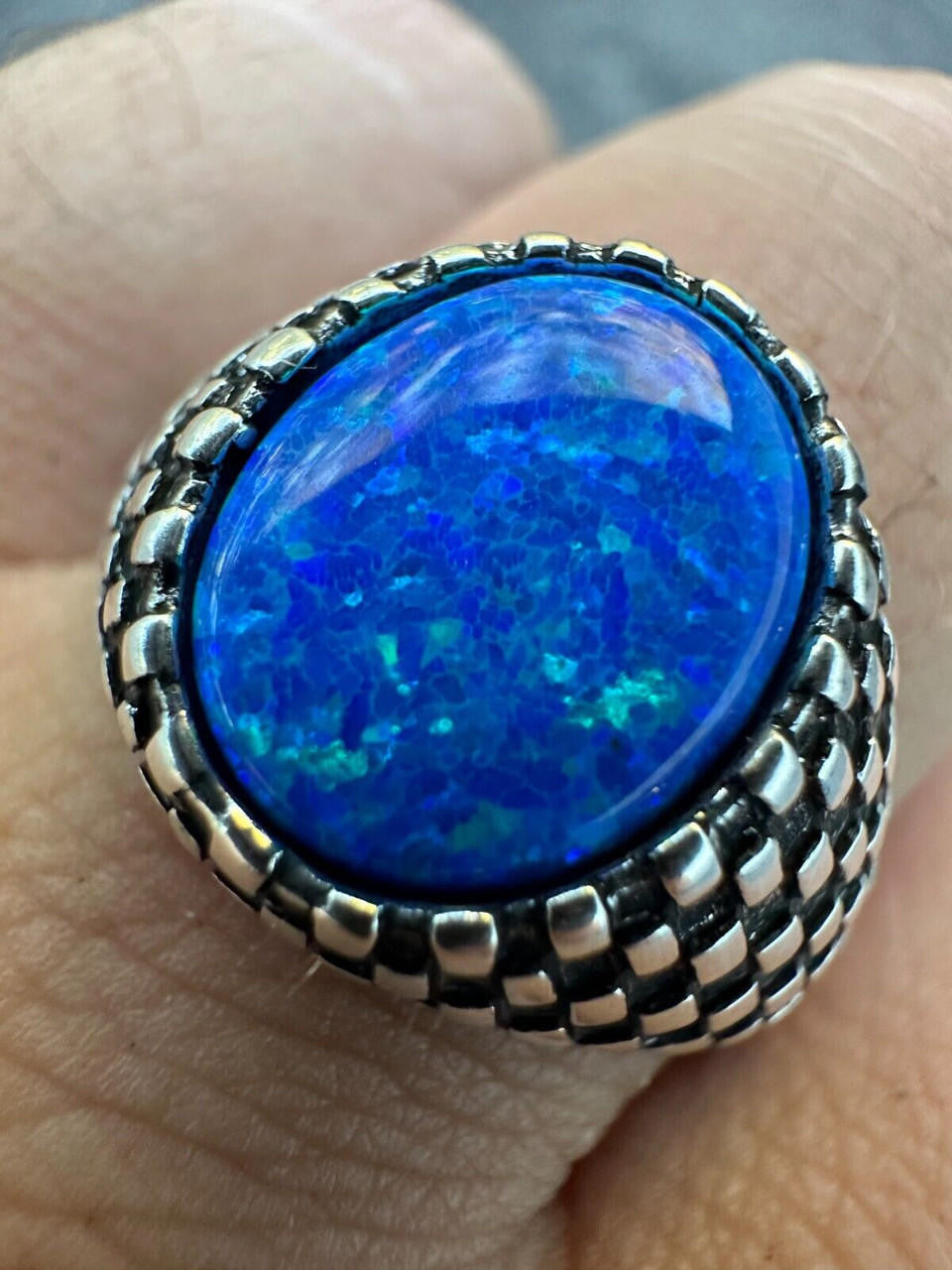 Black & White Ring - 925 Silver Oxidized - Synthetic Blue Opal