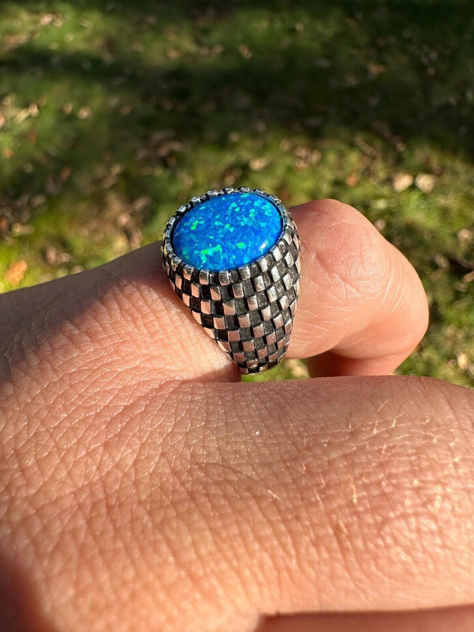 Black & White Ring - 925 Silver Oxidized - Synthetic Blue Opal