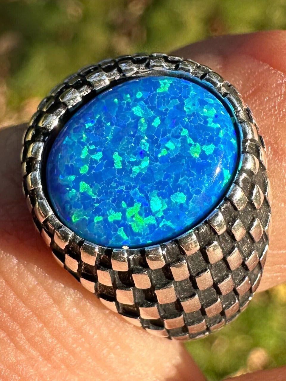 Black & White Ring - 925 Silver Oxidized - Synthetic Blue Opal