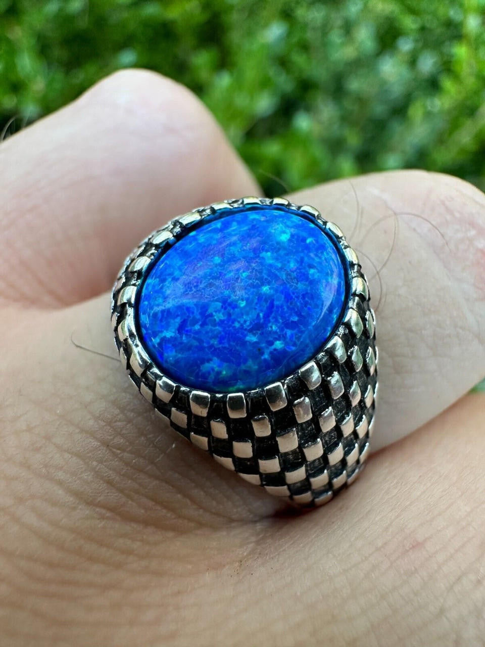 Black & White Ring - 925 Silver Oxidized - Synthetic Blue Opal