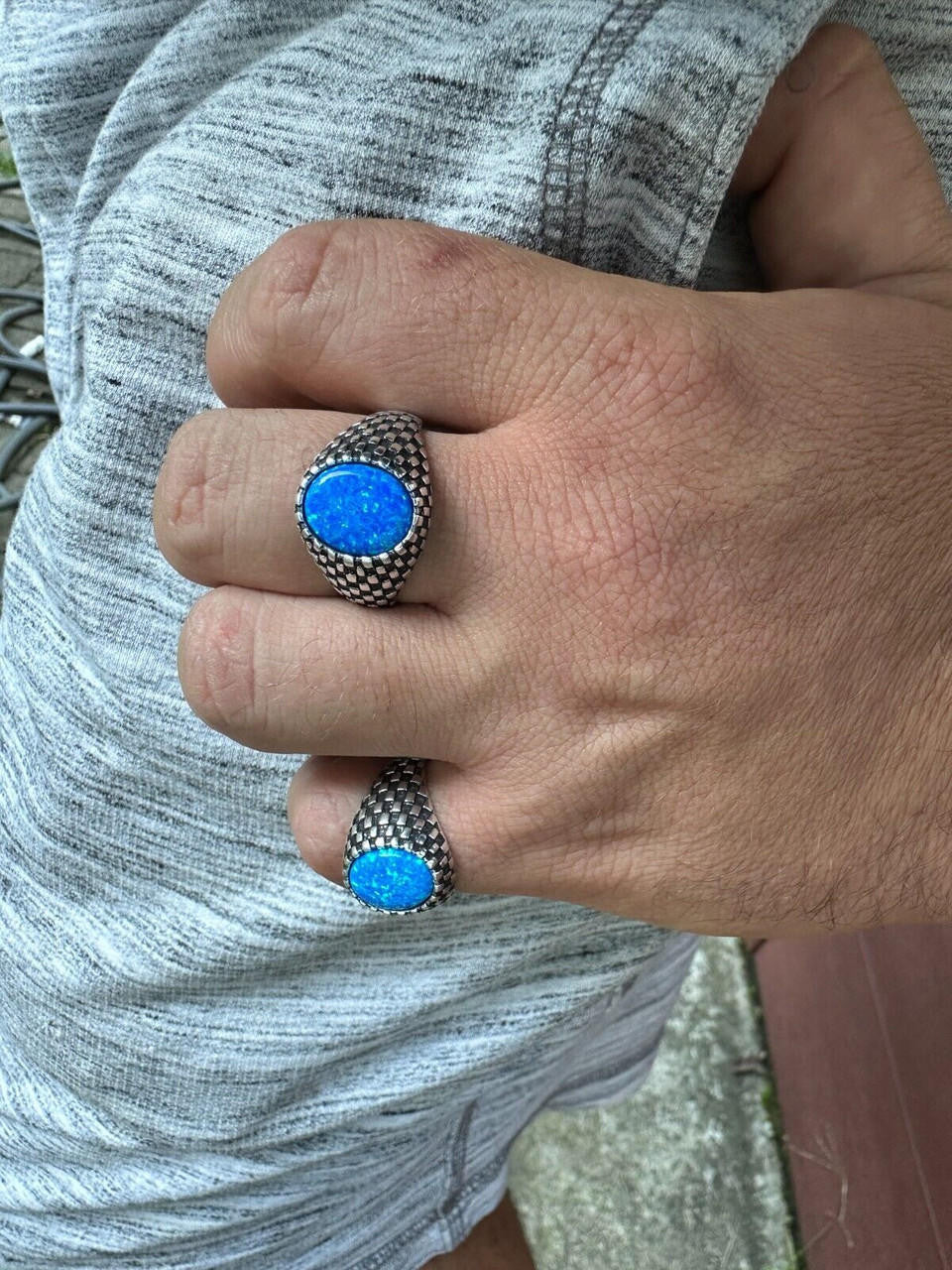 Black & White Ring - 925 Silver Oxidized - Synthetic Blue Opal