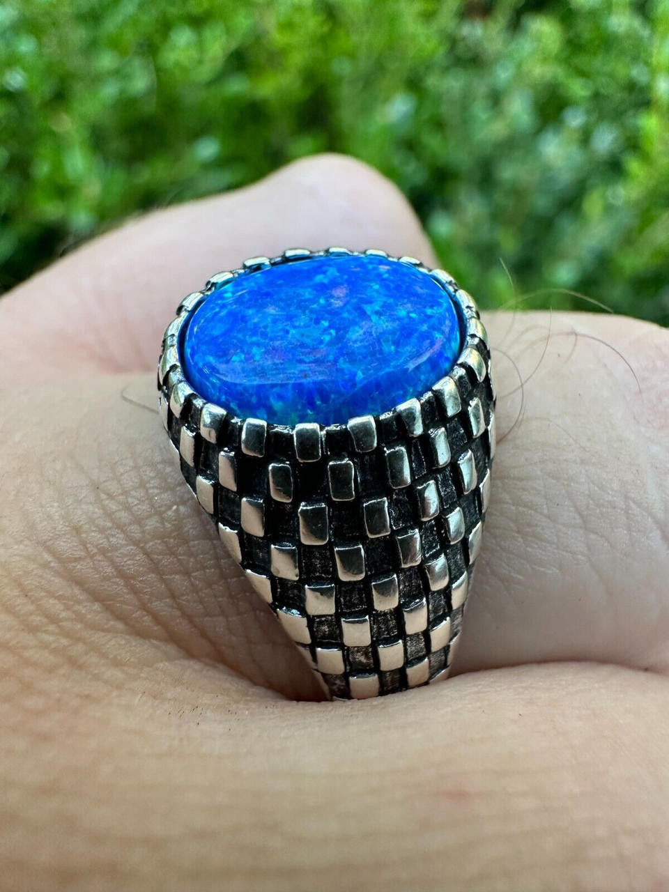 Black & White Ring - 925 Silver Oxidized - Synthetic Blue Opal