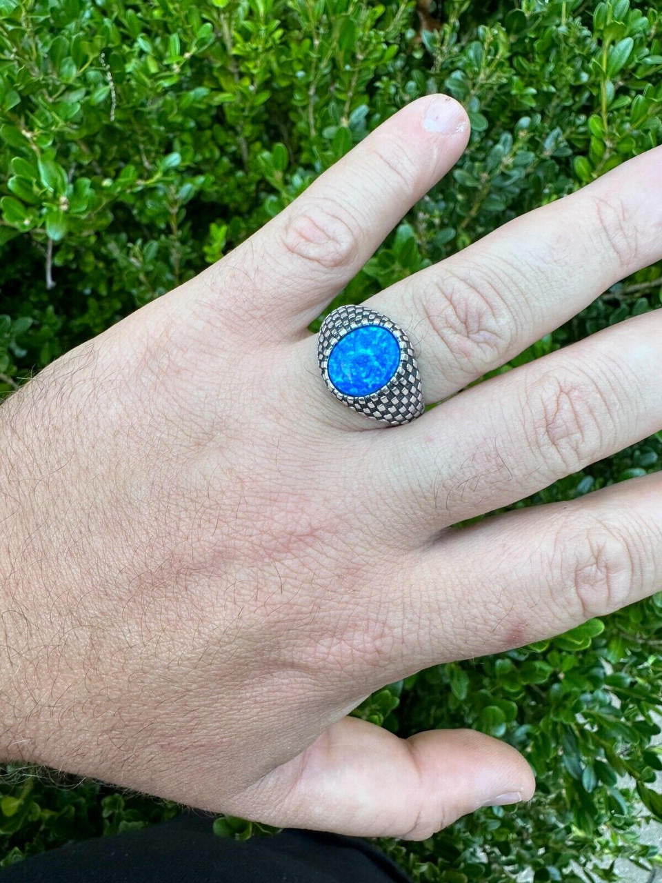 Black & White Ring - 925 Silver Oxidized - Synthetic Blue Opal