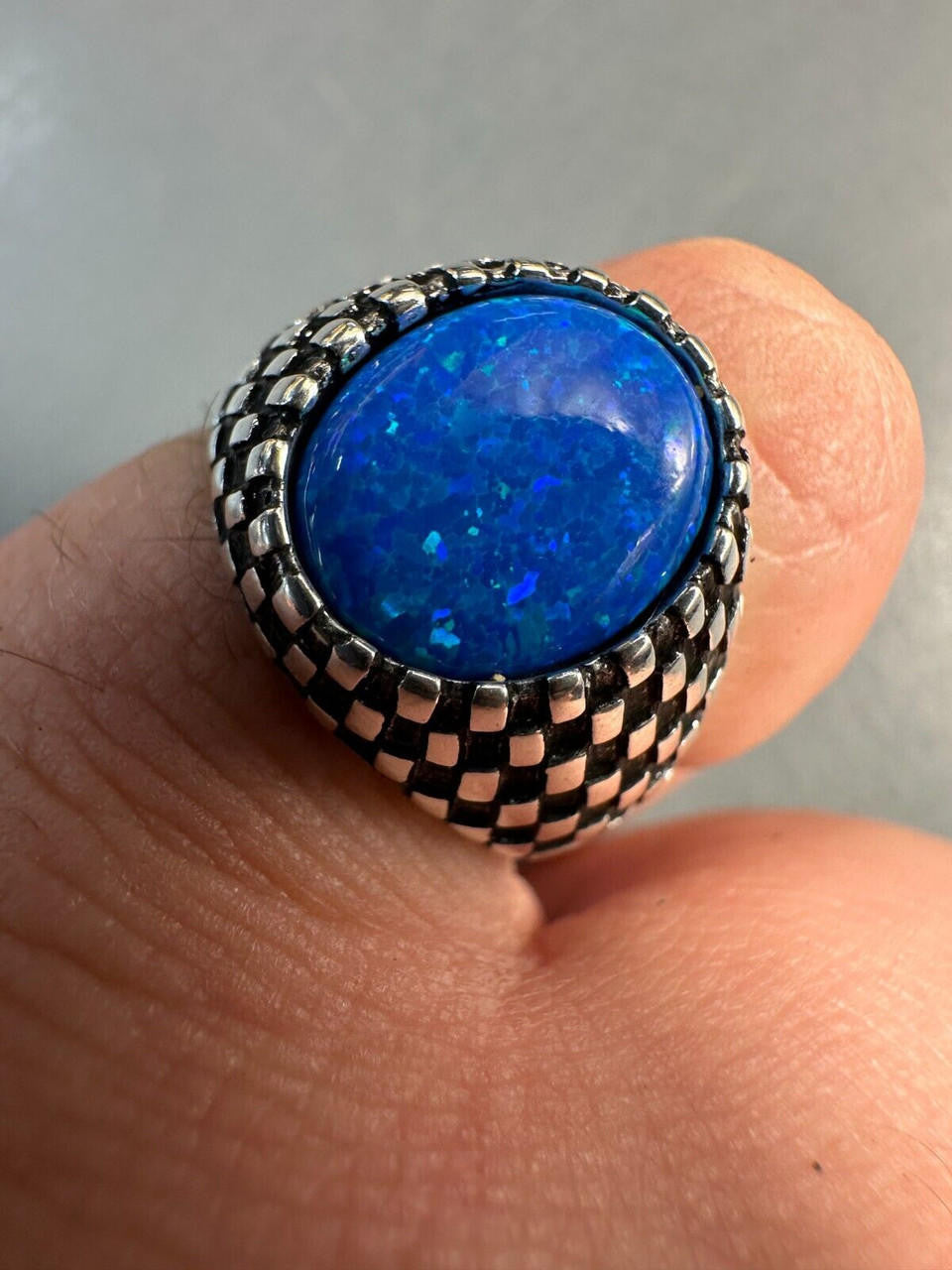 Black & White Ring - 925 Silver Oxidized - Synthetic Blue Opal