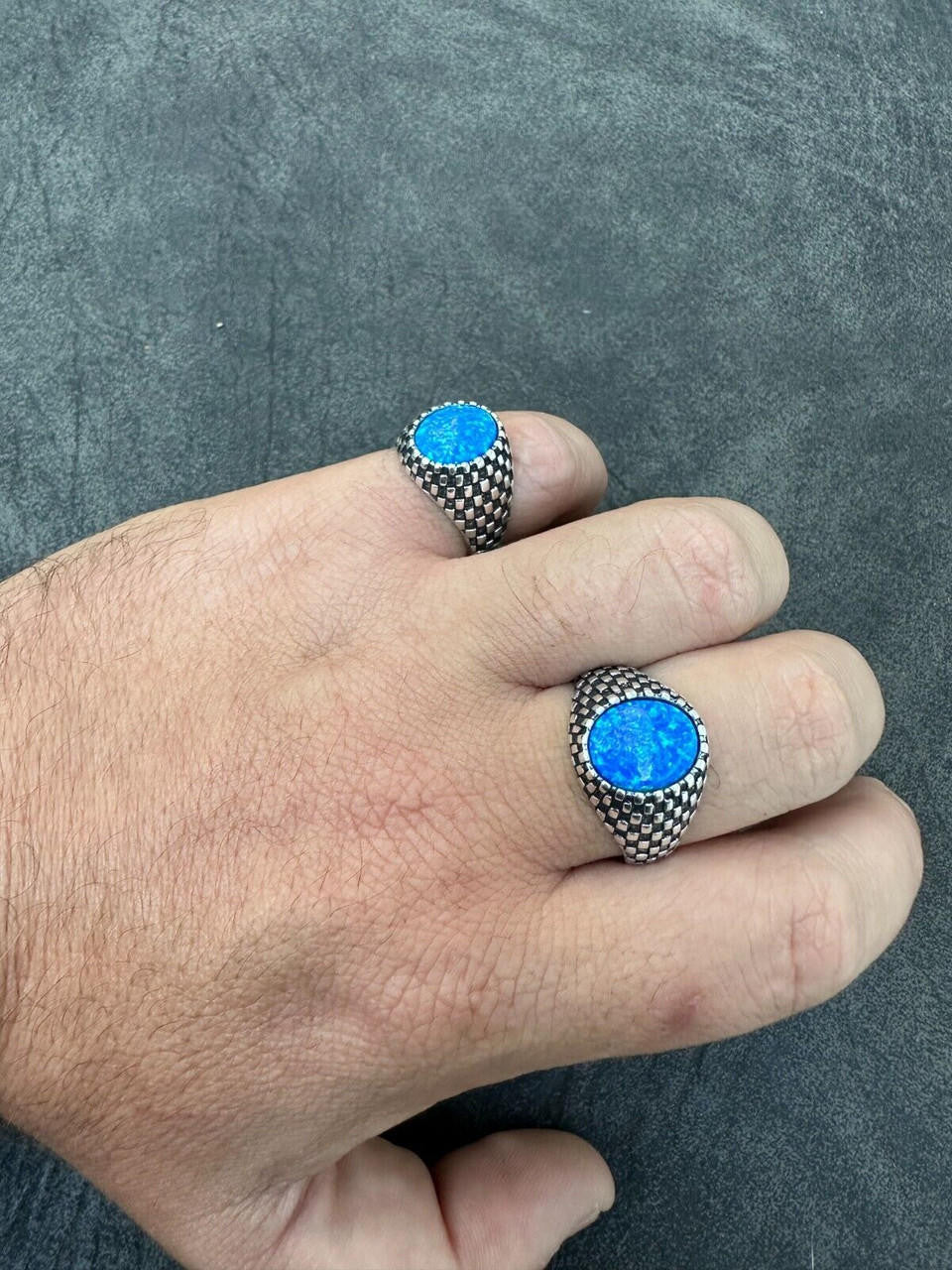 Black & White Ring - 925 Silver Oxidized - Synthetic Blue Opal