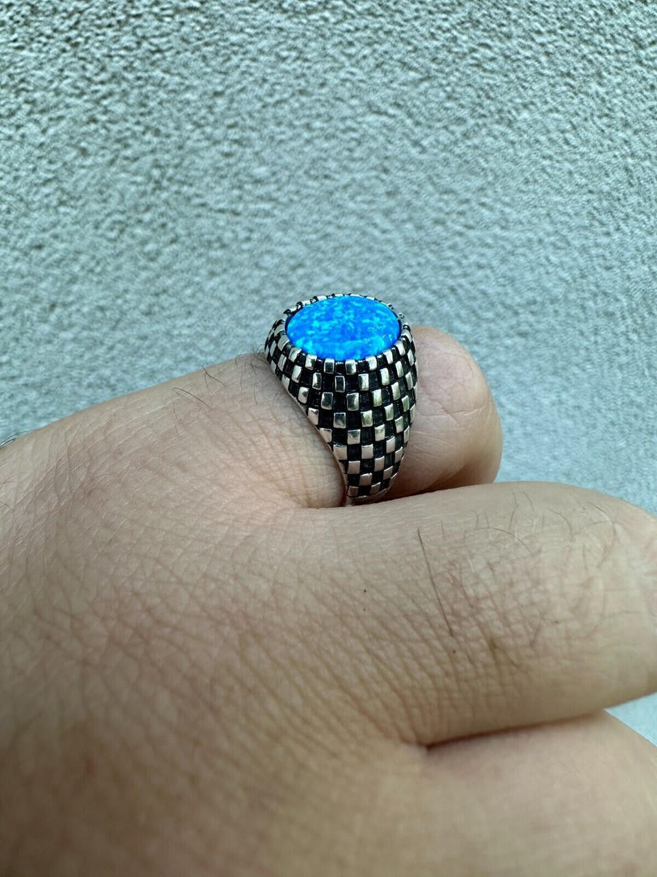 Black & White Ring - 925 Silver Oxidized - Synthetic Blue Opal