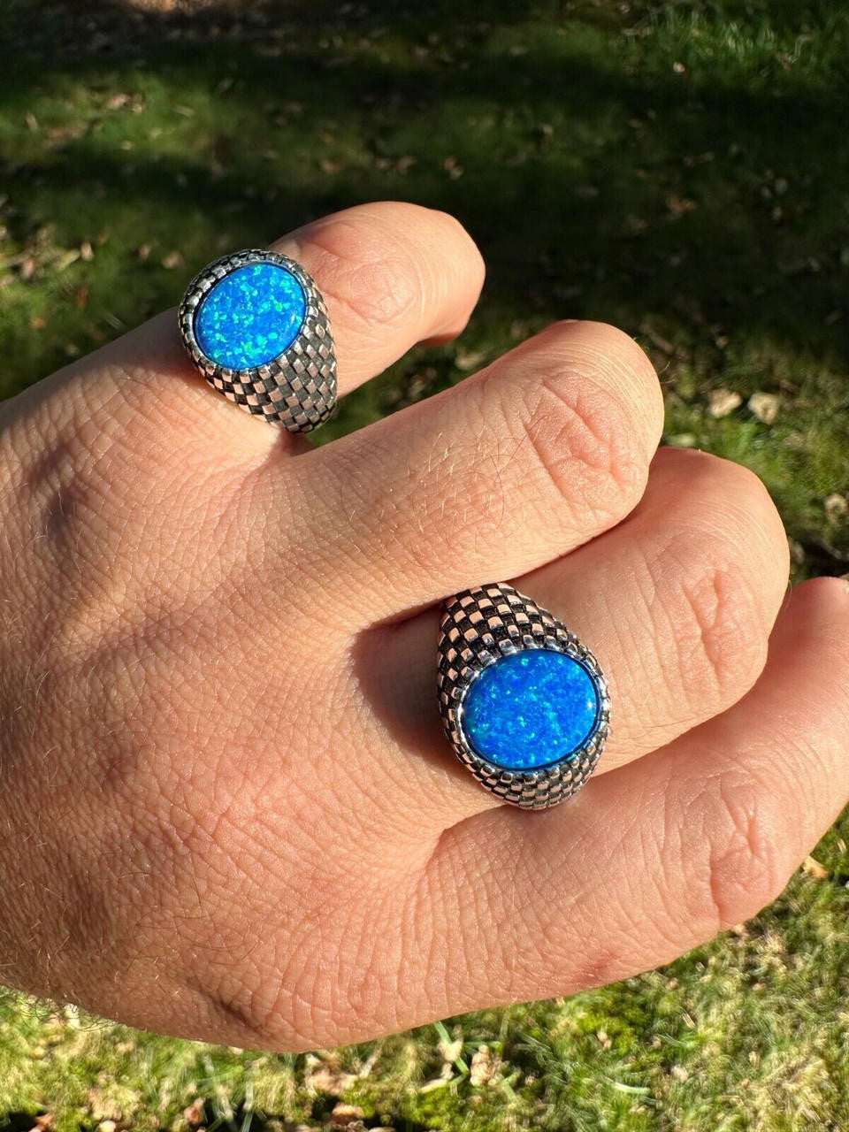 Black & White Ring - 925 Silver Oxidized - Synthetic Blue Opal