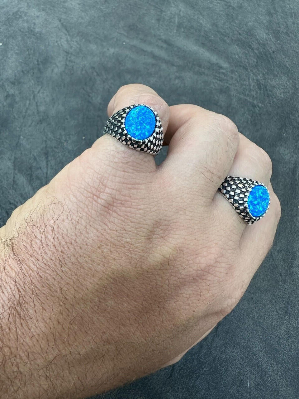 Black & White Ring - 925 Silver Oxidized - Synthetic Blue Opal