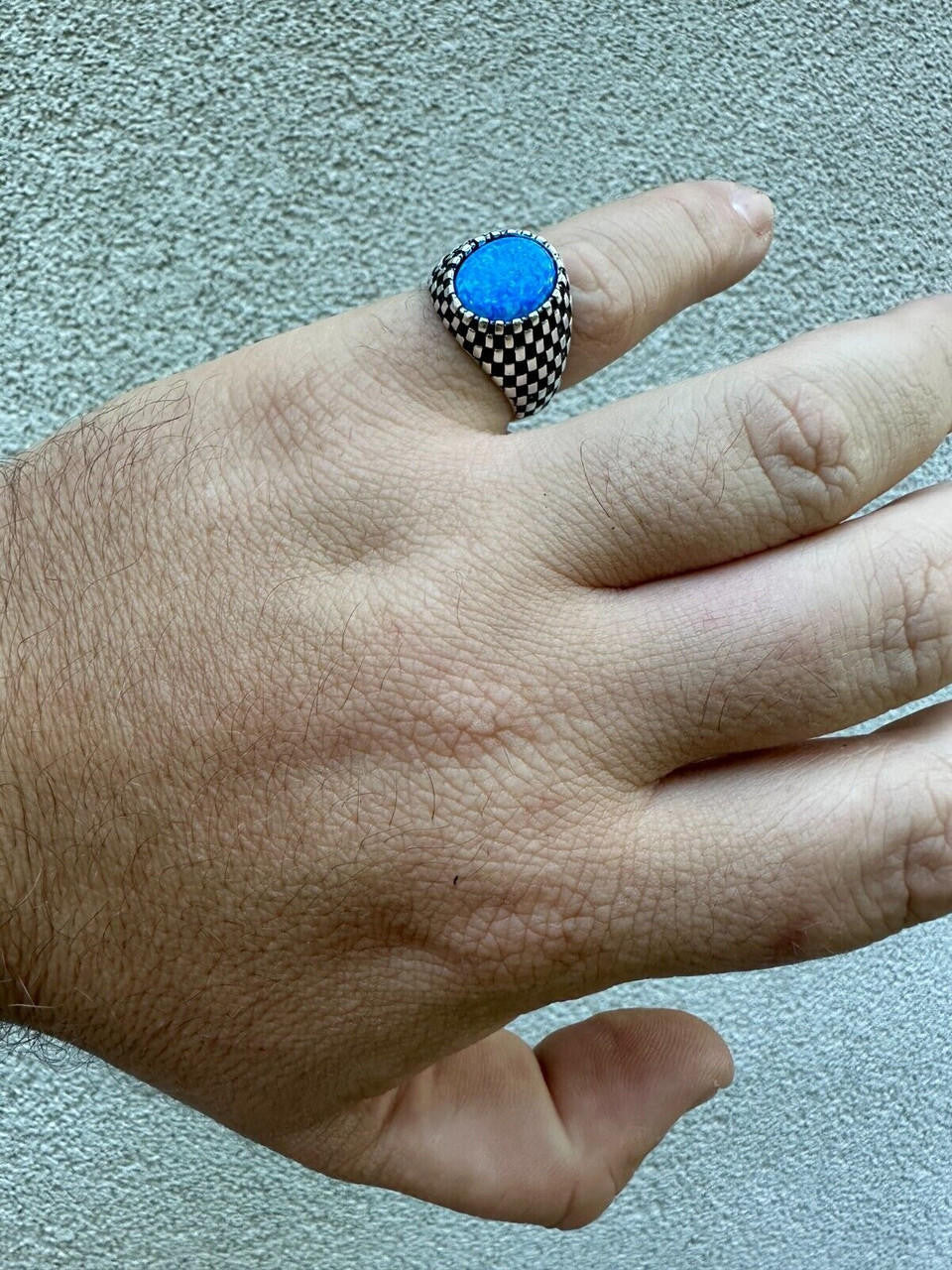 Black & White Ring - 925 Silver Oxidized - Synthetic Blue Opal