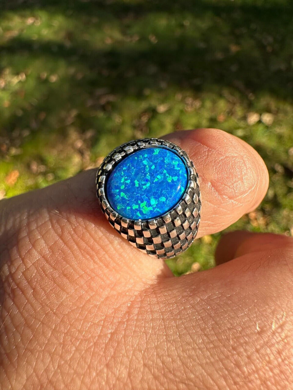 Black & White Ring - 925 Silver Oxidized - Synthetic Blue Opal
