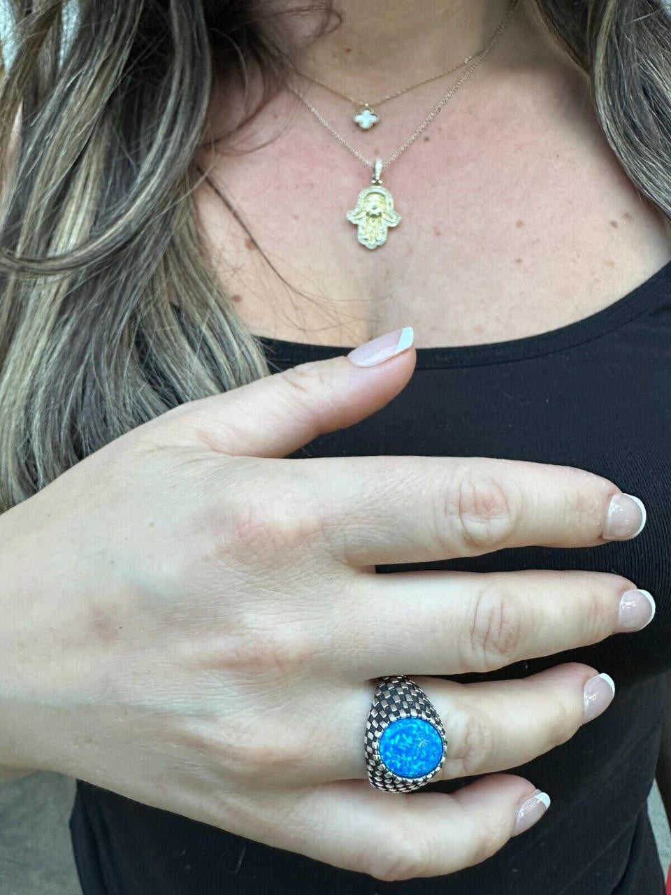 Black & White Ring - 925 Silver Oxidized - Synthetic Blue Opal