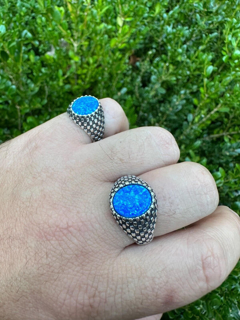 Black & White Ring - 925 Silver Oxidized - Synthetic Blue Opal