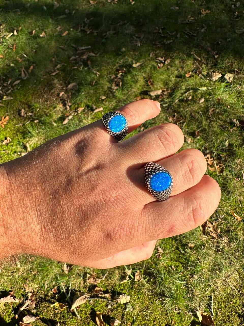 Black & White Ring - 925 Silver Oxidized - Synthetic Blue Opal