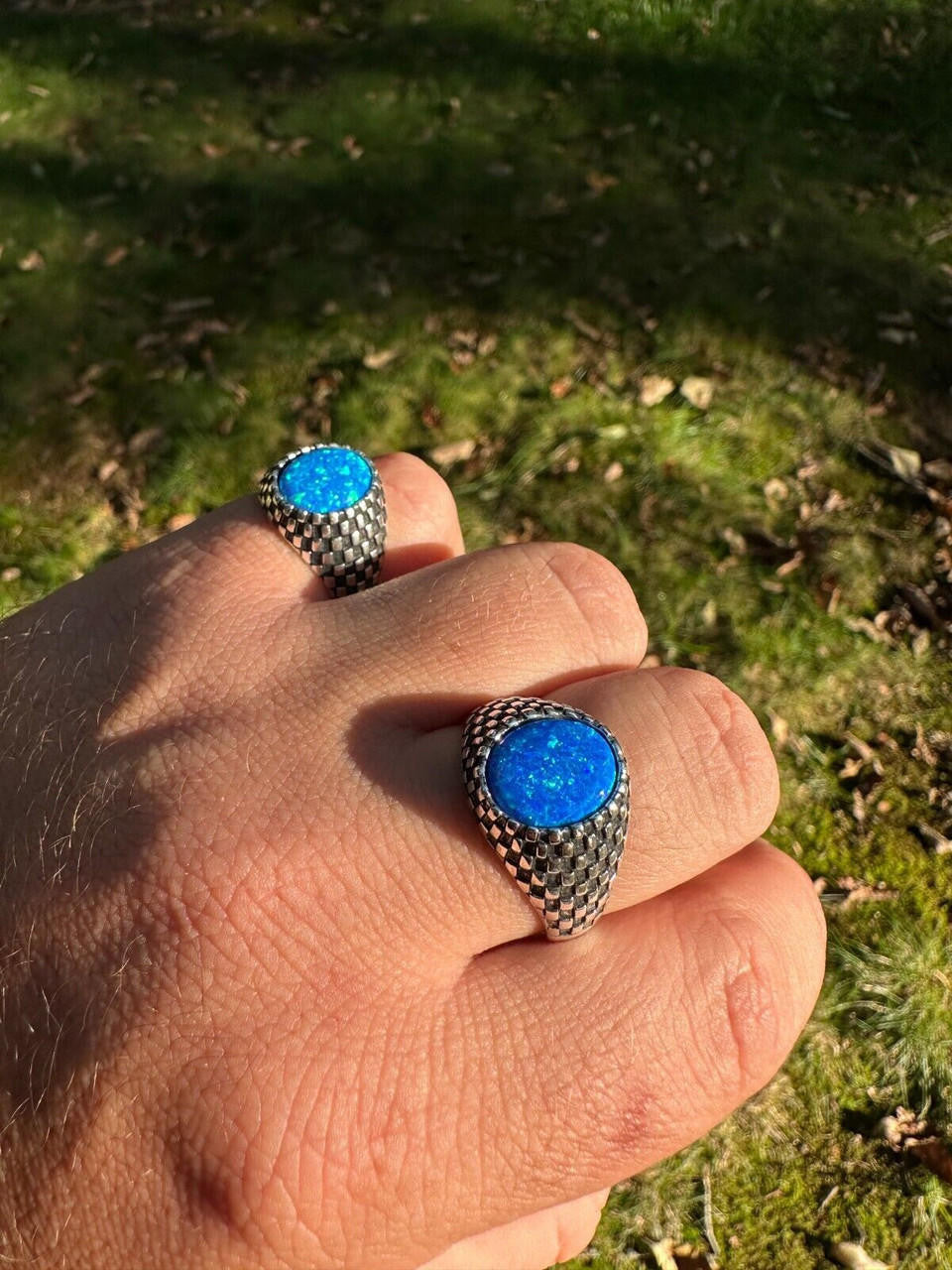 Black & White Ring - 925 Silver Oxidized - Synthetic Blue Opal