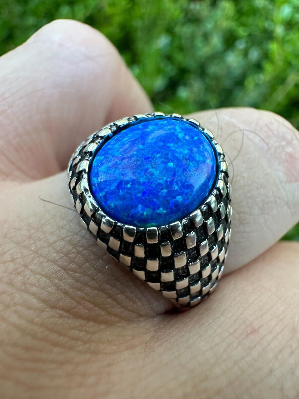 Black & White Ring - 925 Silver Oxidized - Synthetic Blue Opal