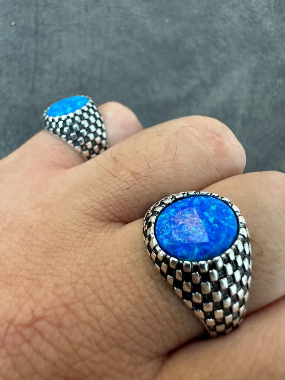 Black & White Ring - 925 Silver Oxidized - Synthetic Blue Opal
