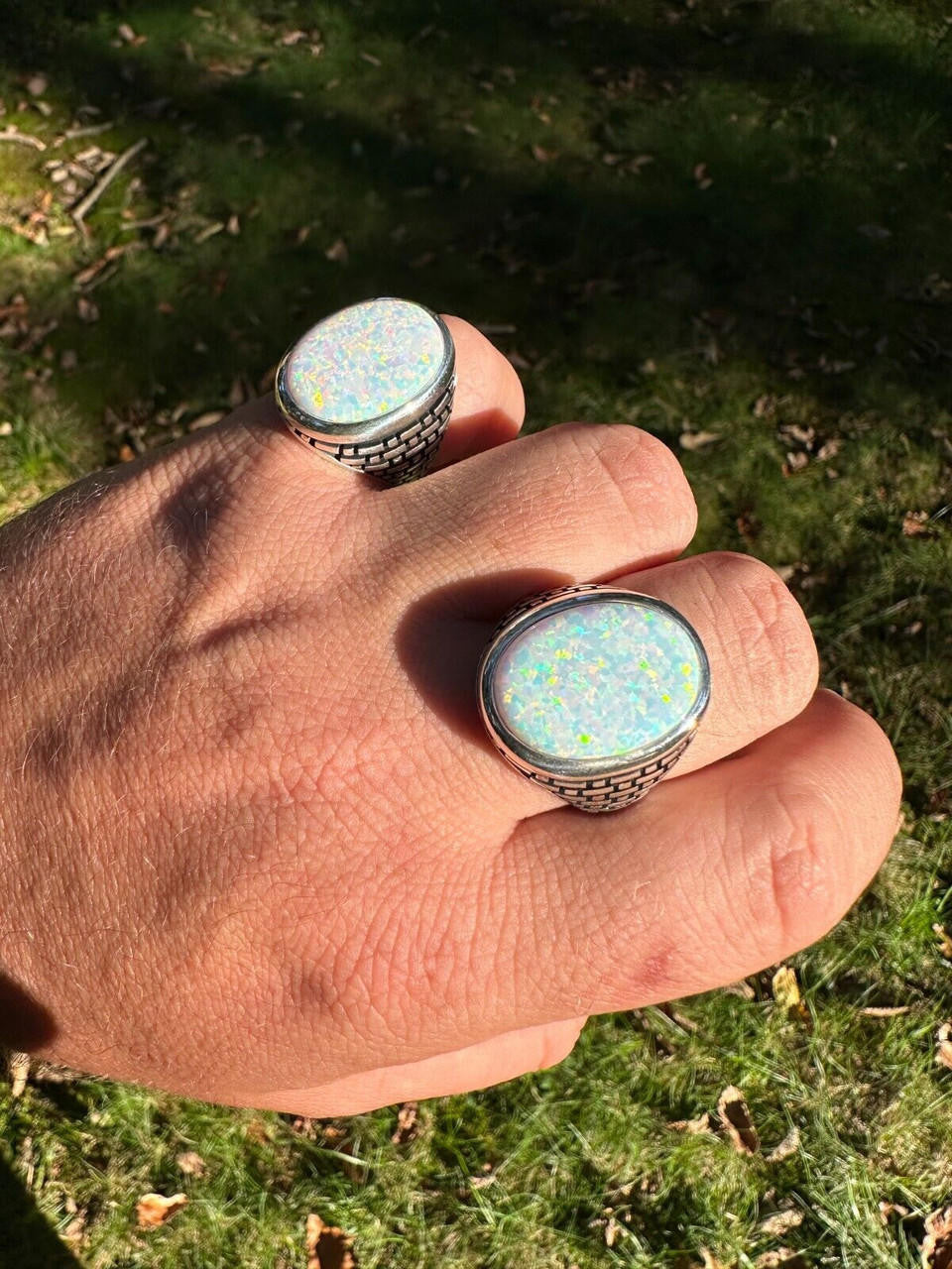 Large Oval Brick Road Ring - 925 Silver Oxidized W. Silver Bezel - Synthetic White Opal