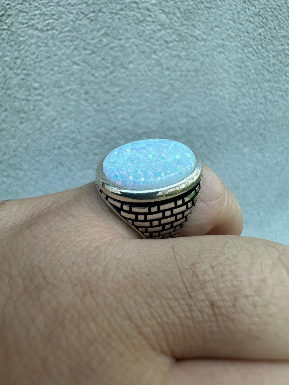 Large Oval Brick Road Ring - 925 Silver Oxidized W. Silver Bezel - Synthetic White Opal