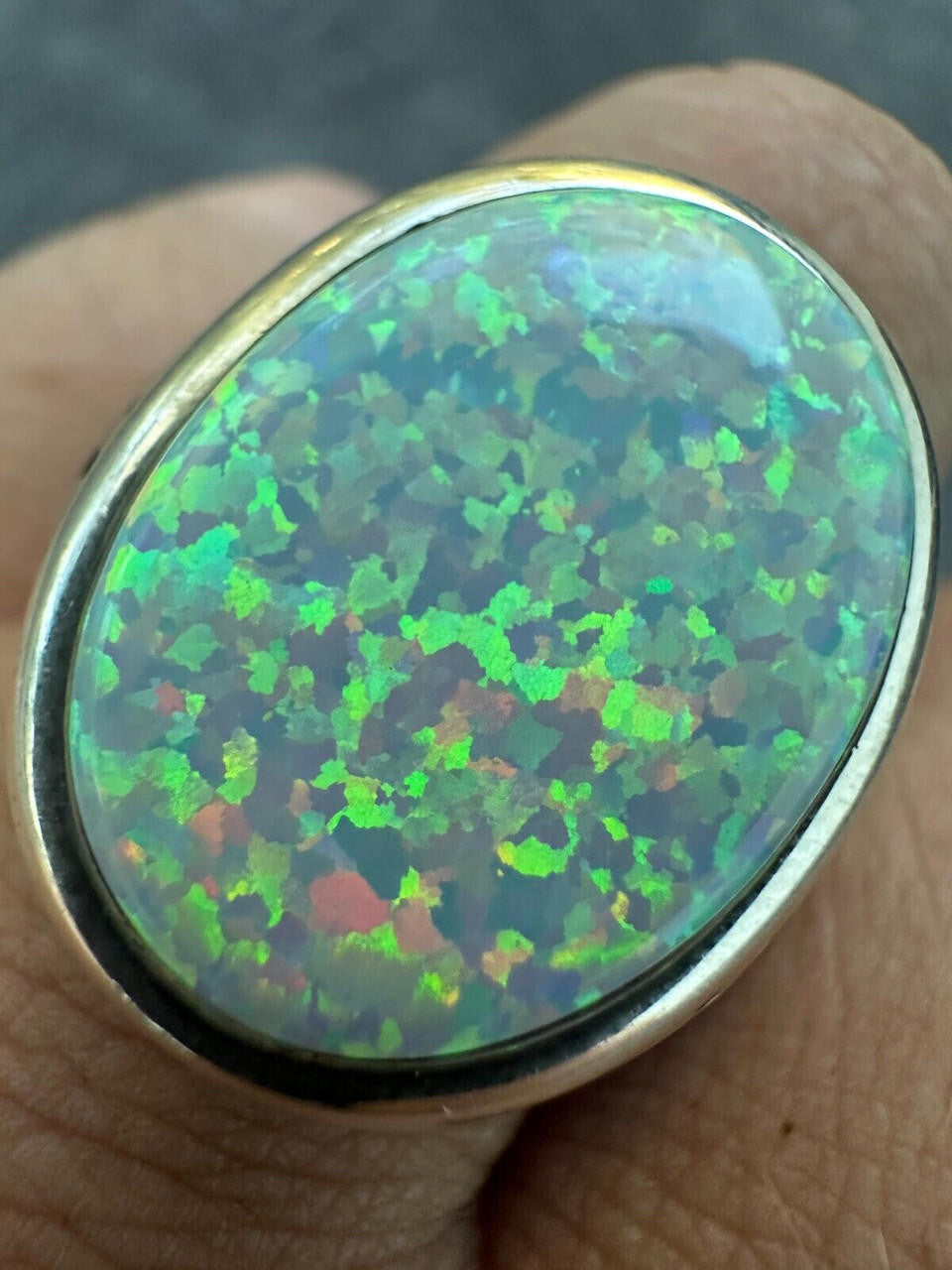Large Oval Brick Road Ring - 925 Silver Oxidized W. Silver Bezel - Synthetic White Opal
