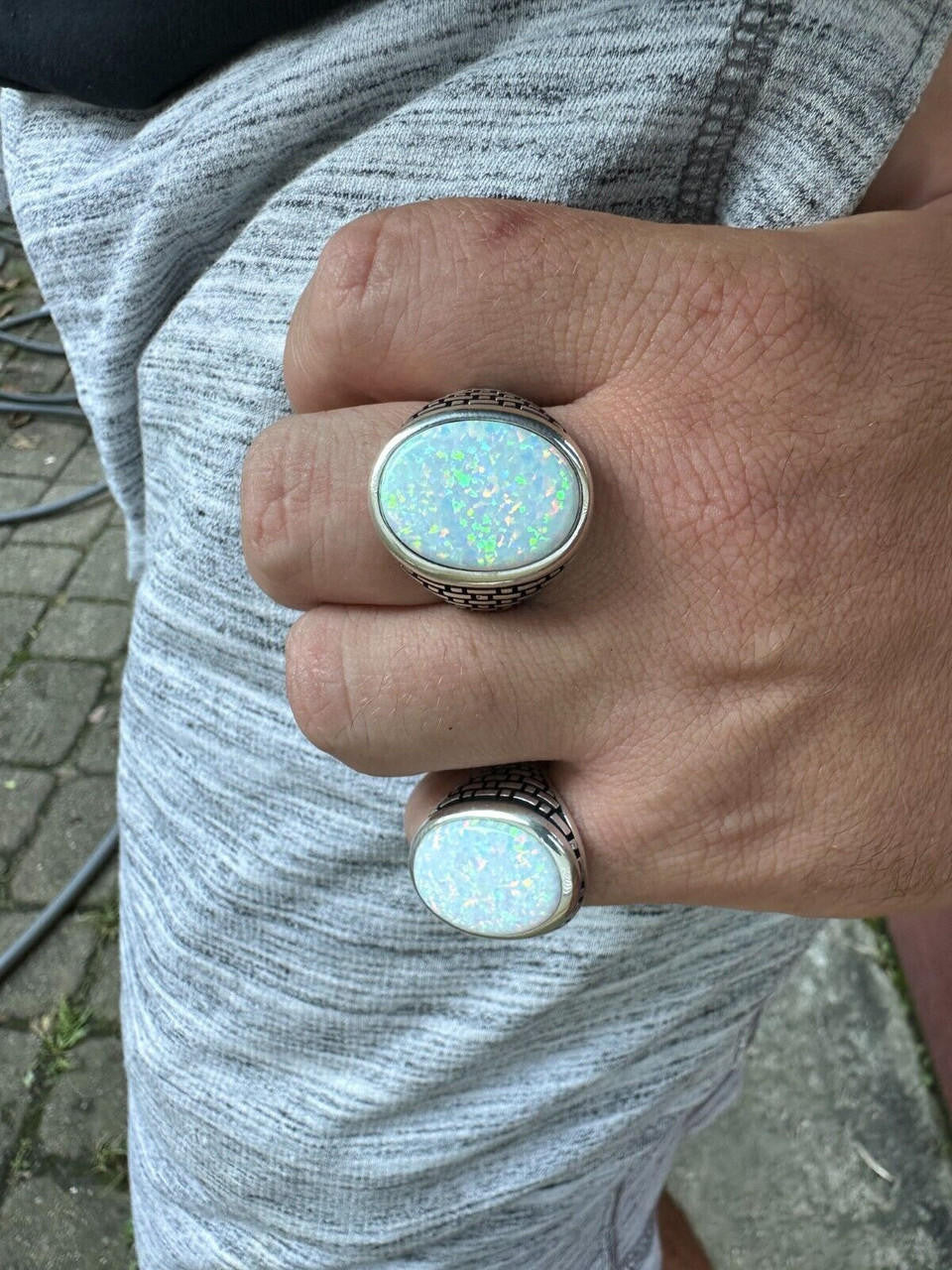 Large Oval Brick Road Ring - 925 Silver Oxidized W. Silver Bezel - Synthetic White Opal