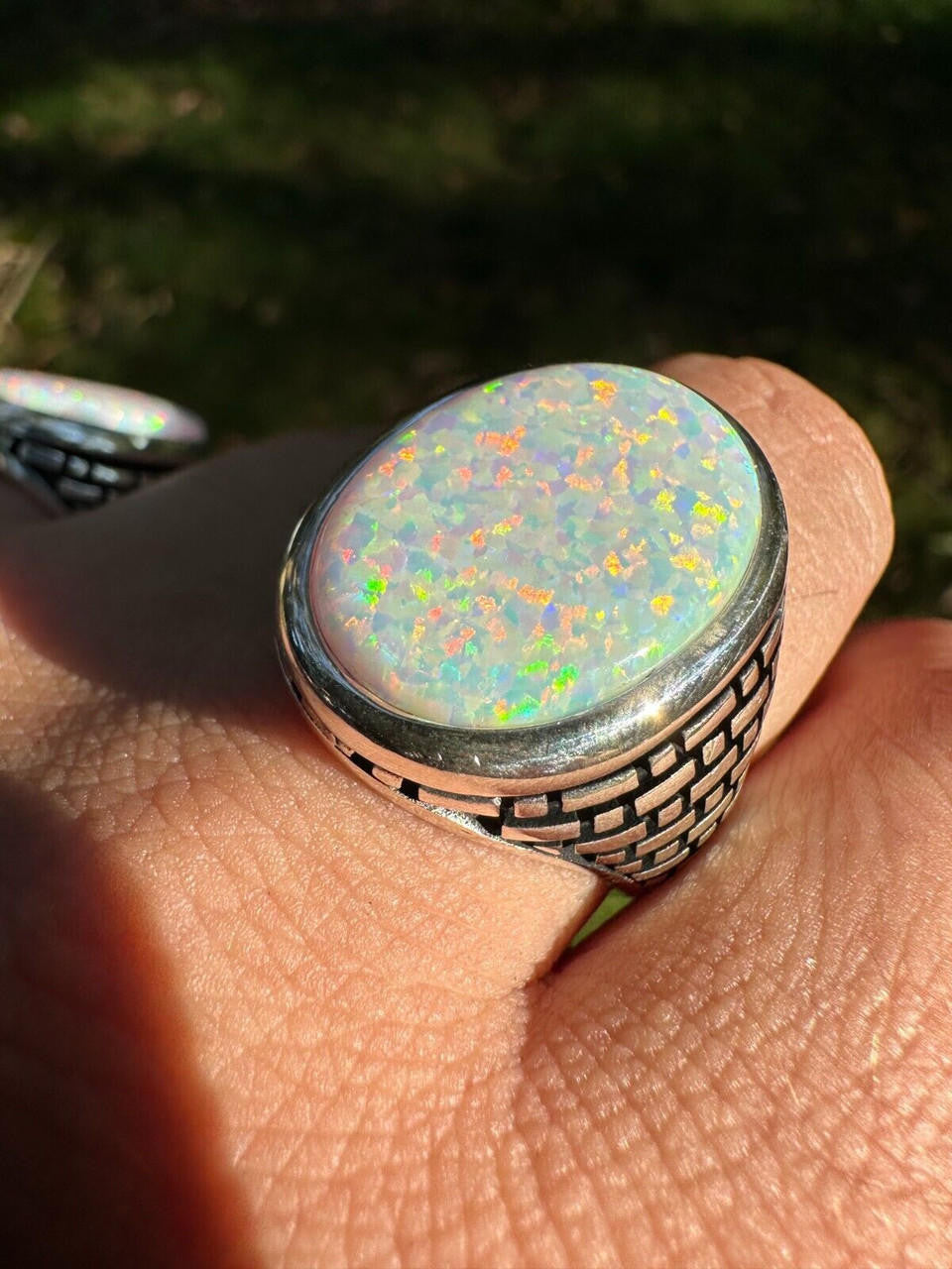 Large Oval Brick Road Ring - 925 Silver Oxidized W. Silver Bezel - Synthetic White Opal