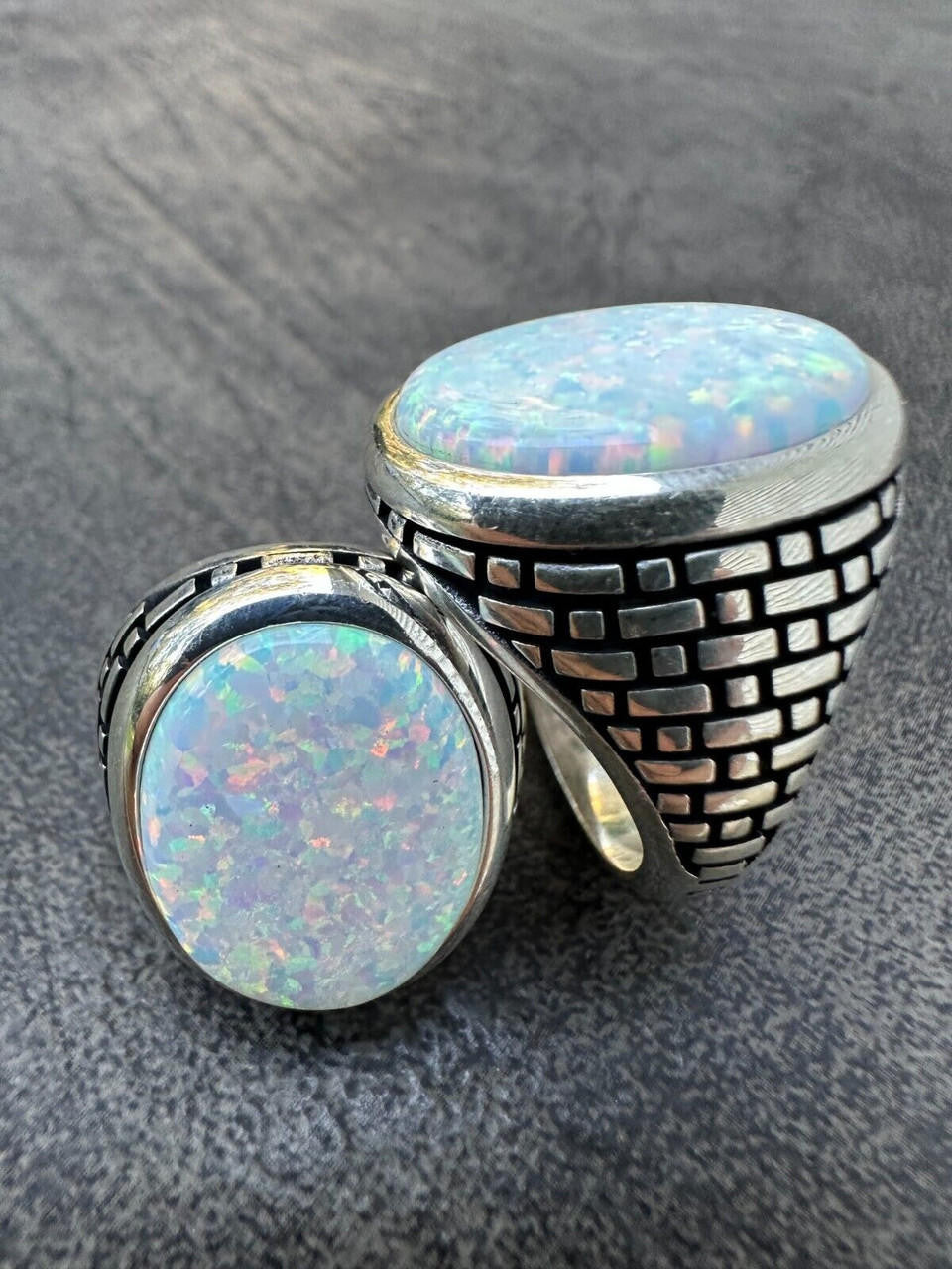 Large Oval Brick Road Ring - 925 Silver Oxidized W. Silver Bezel - Synthetic White Opal