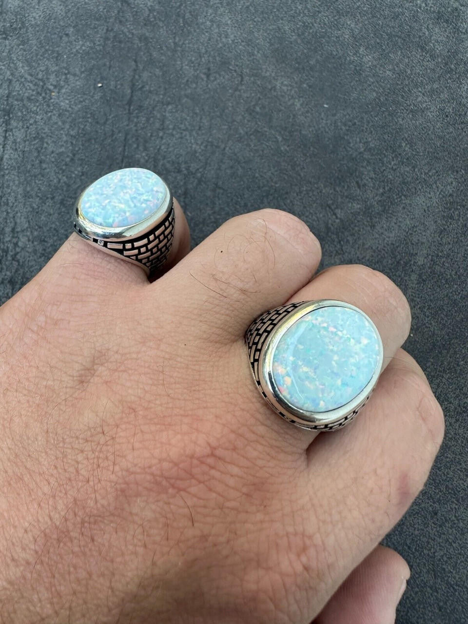 Large Oval Brick Road Ring - 925 Silver Oxidized W. Silver Bezel - Synthetic White Opal
