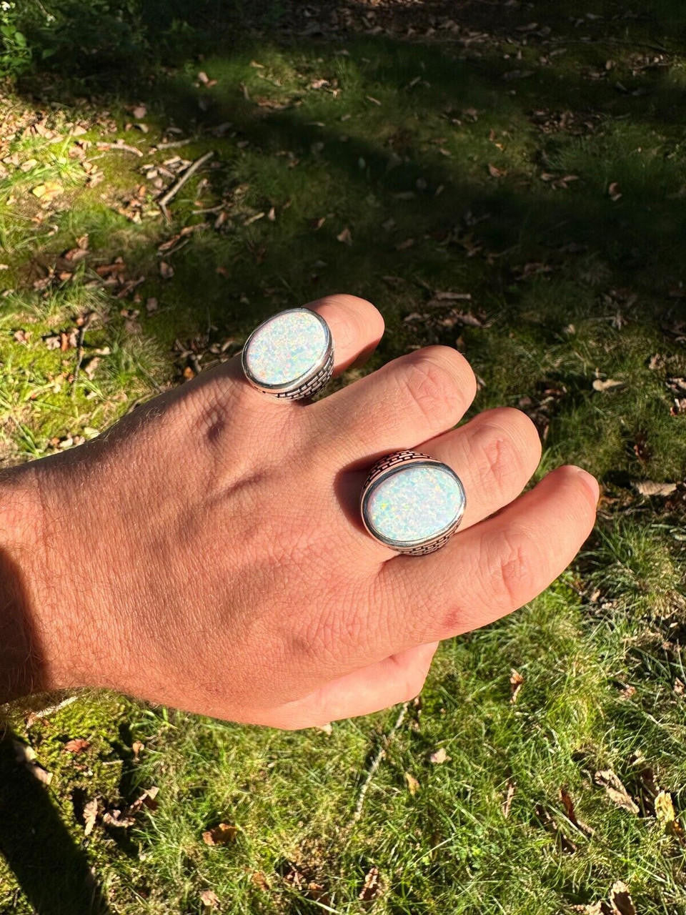 Large Oval Brick Road Ring - 925 Silver Oxidized W. Silver Bezel - Synthetic White Opal