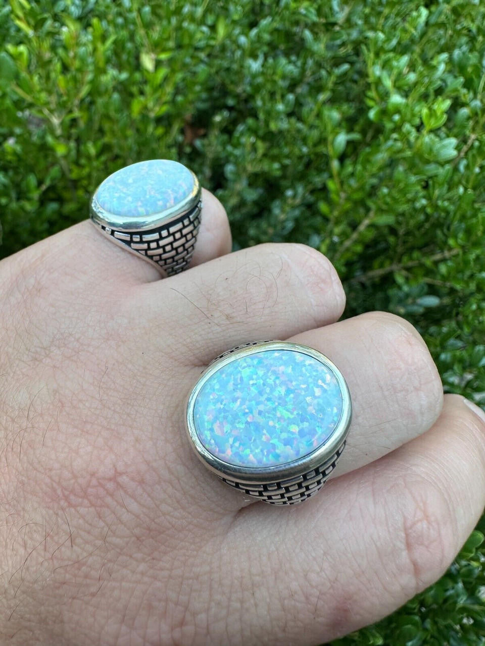 Large Oval Brick Road Ring - 925 Silver Oxidized W. Silver Bezel - Synthetic White Opal