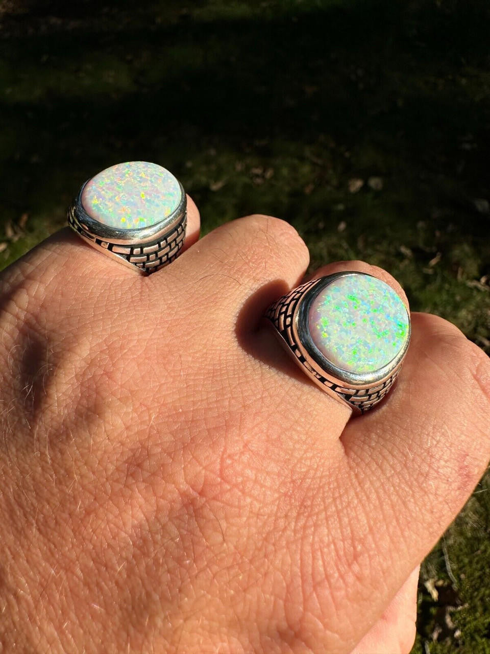 Large Oval Brick Road Ring - 925 Silver Oxidized W. Silver Bezel - Synthetic White Opal