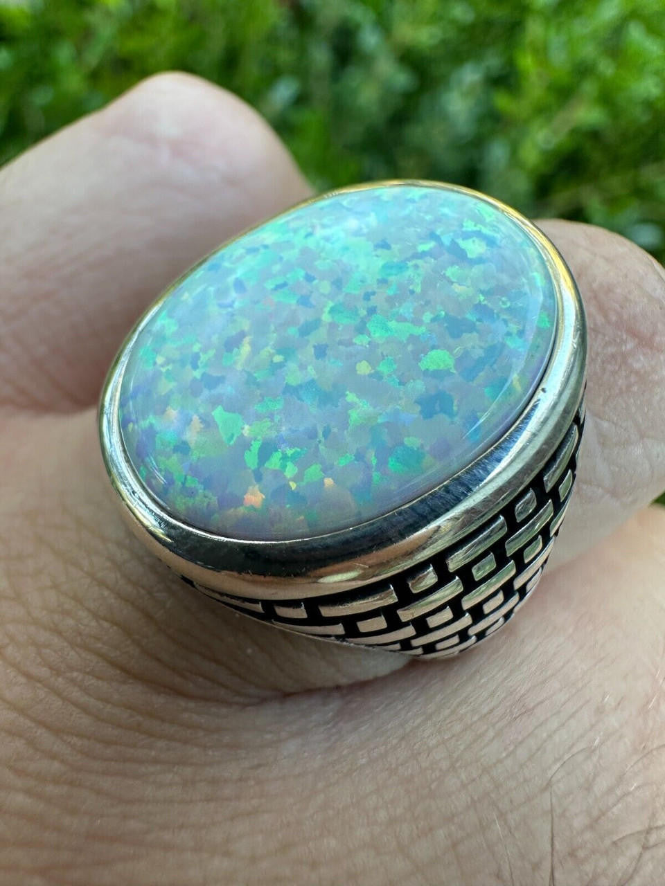 Large Oval Brick Road Ring - 925 Silver Oxidized W. Silver Bezel - Synthetic White Opal