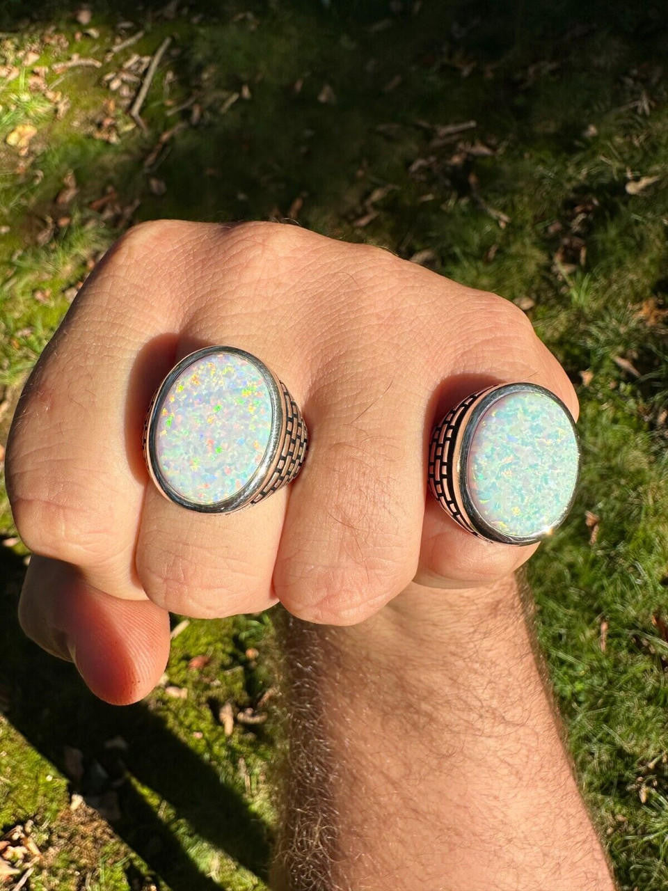 Large Oval Brick Road Ring - 925 Silver Oxidized W. Silver Bezel - Synthetic White Opal