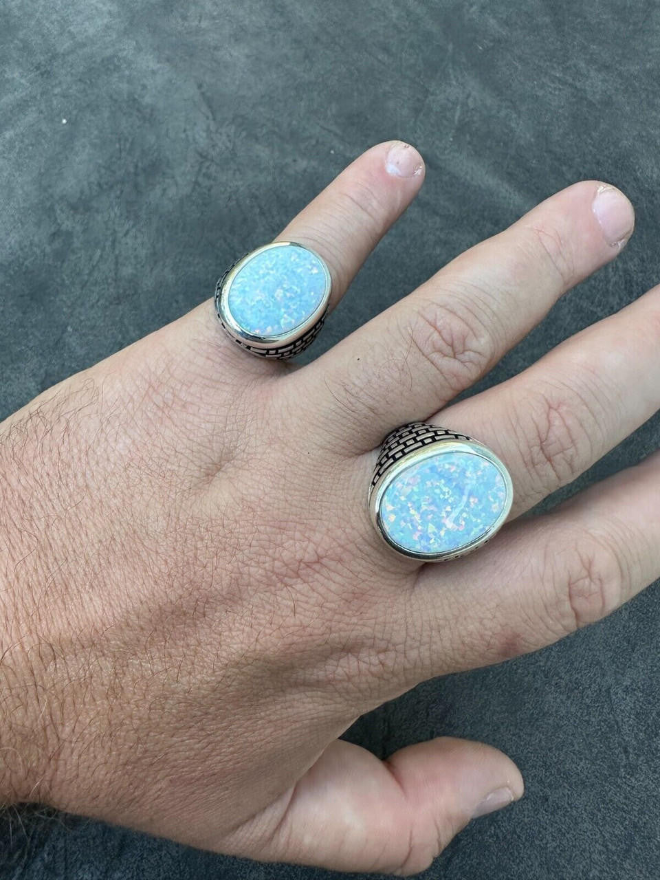 Large Oval Brick Road Ring - 925 Silver Oxidized W. Silver Bezel - Synthetic White Opal