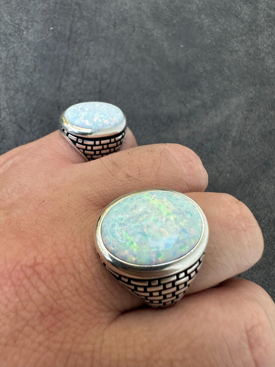Large Oval Brick Road Ring - 925 Silver Oxidized W. Silver Bezel - Synthetic White Opal