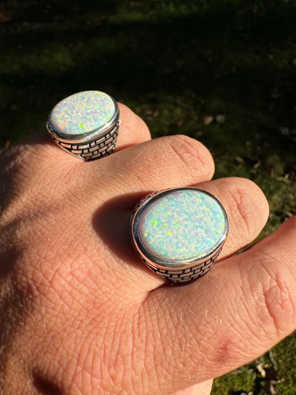 Large Oval Brick Road Ring - 925 Silver Oxidized W. Silver Bezel - Synthetic White Opal