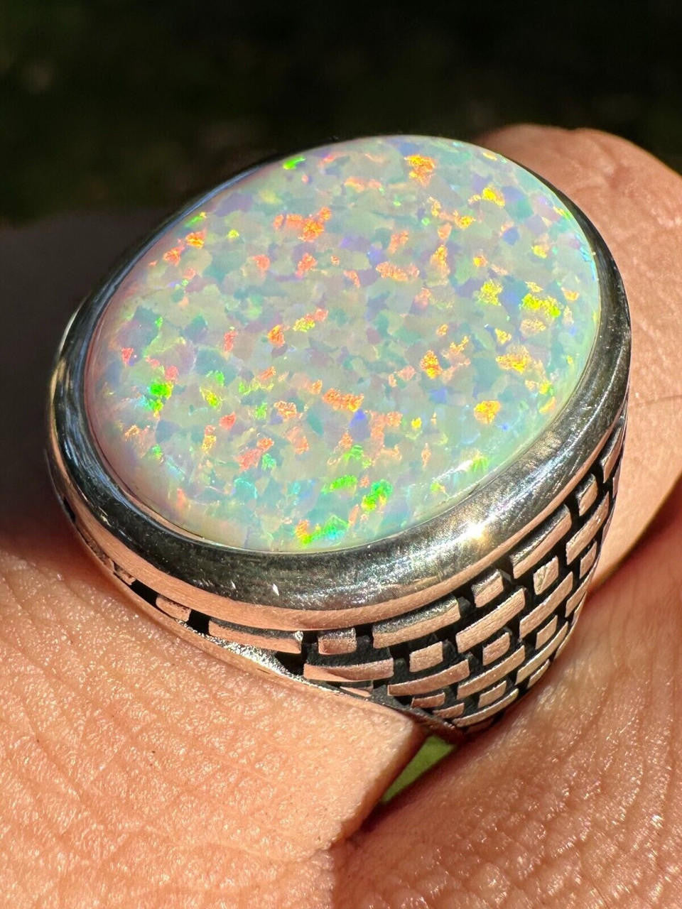 Large Oval Brick Road Ring - 925 Silver Oxidized W. Silver Bezel - Synthetic White Opal
