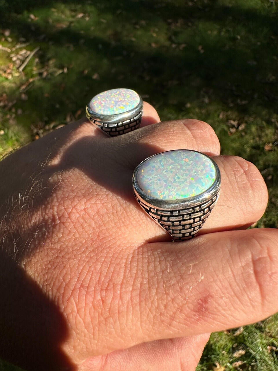 Large Oval Brick Road Ring - 925 Silver Oxidized W. Silver Bezel - Synthetic White Opal