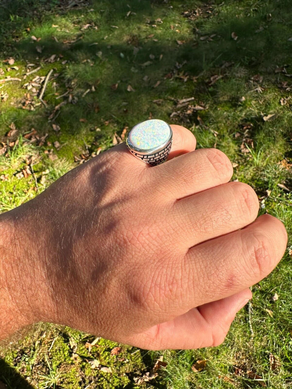Large Oval Brick Road Ring - 925 Silver Oxidized W. Silver Bezel - Synthetic White Opal