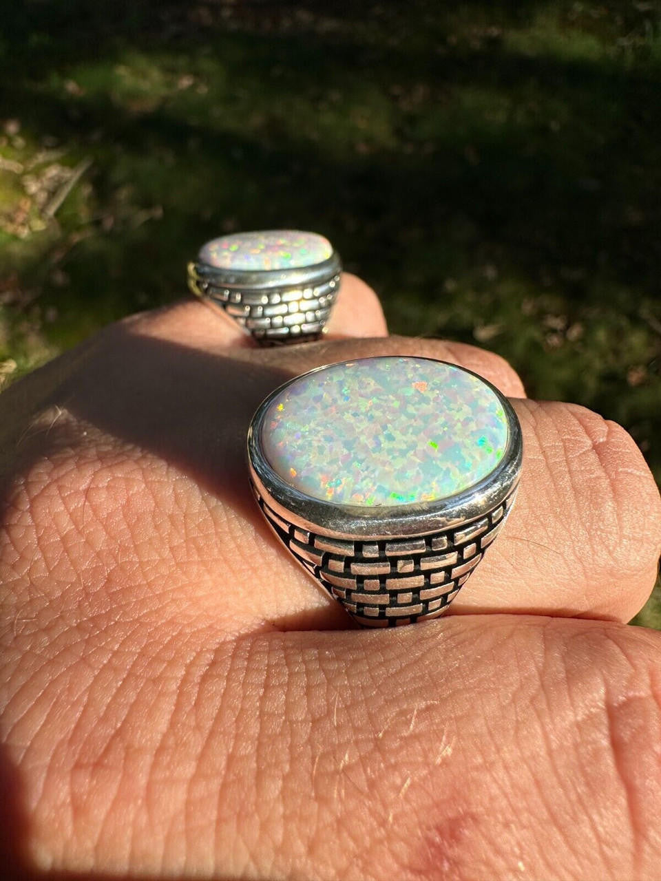 Large Oval Brick Road Ring - 925 Silver Oxidized W. Silver Bezel - Synthetic White Opal