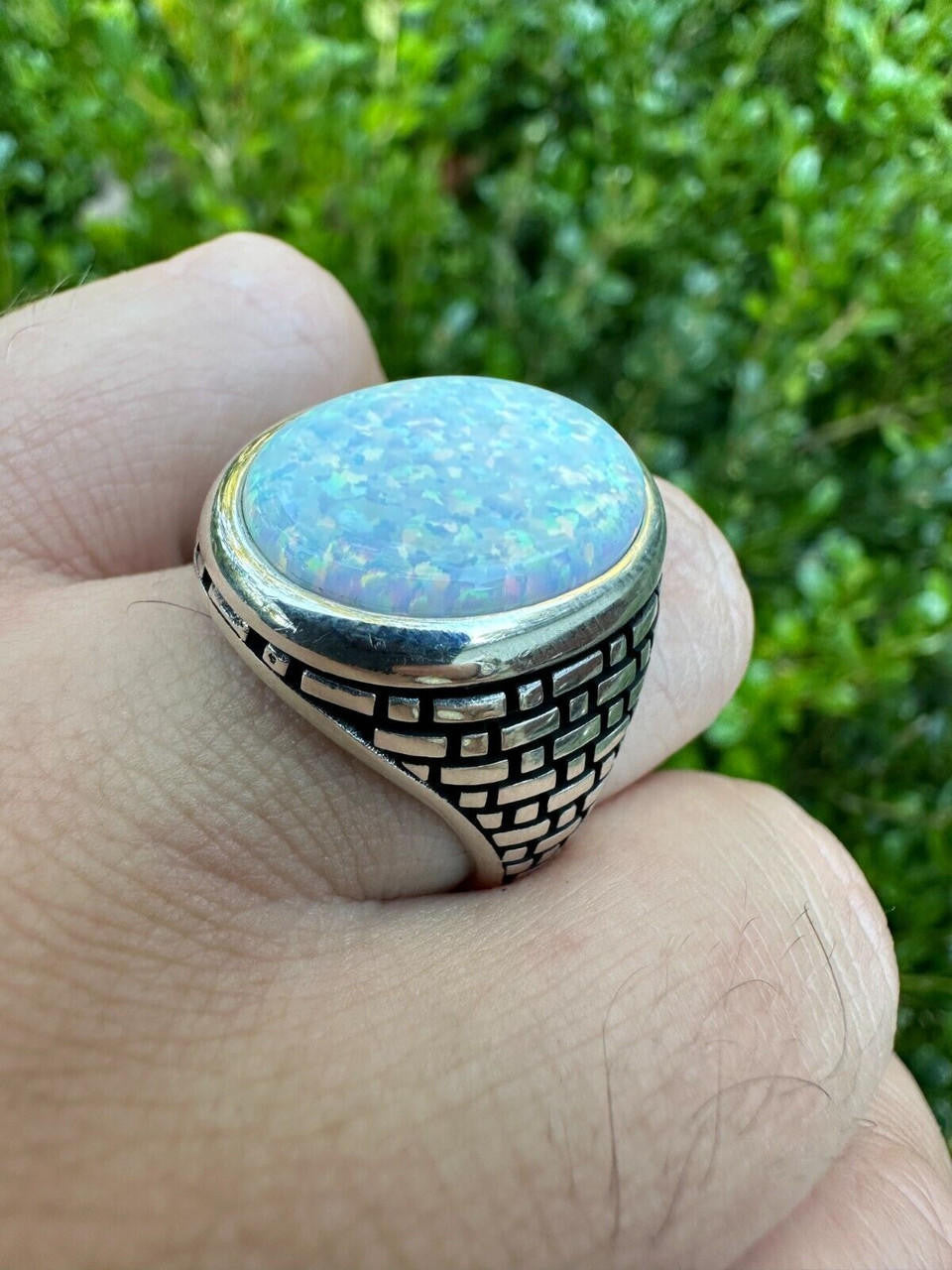 Large Oval Brick Road Ring - 925 Silver Oxidized W. Silver Bezel - Synthetic White Opal