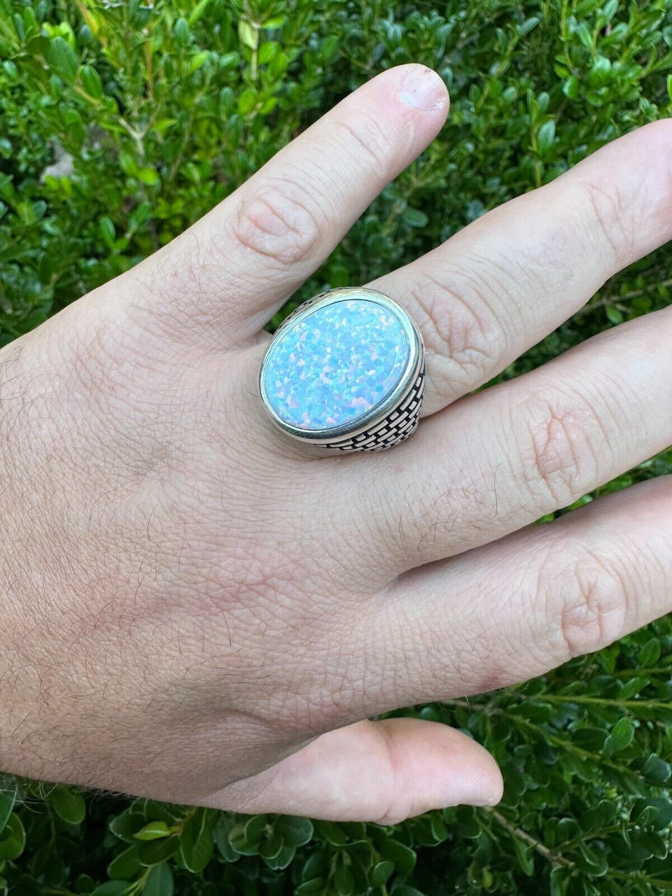 Large Oval Brick Road Ring - 925 Silver Oxidized W. Silver Bezel - Synthetic White Opal