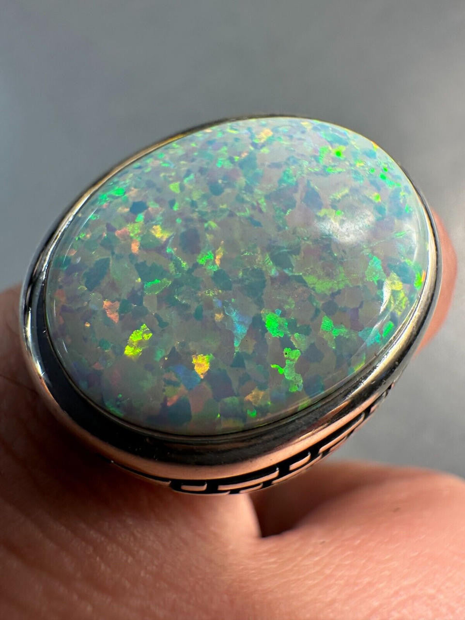 Large Oval Brick Road Ring - 925 Silver Oxidized W. Silver Bezel - Synthetic White Opal