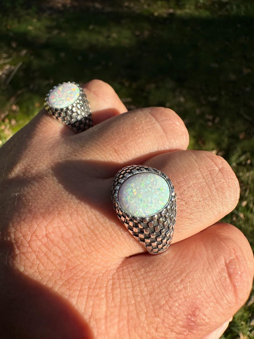 Black & White Ring - 925 Silver Oxidized - Synthetic White Opal