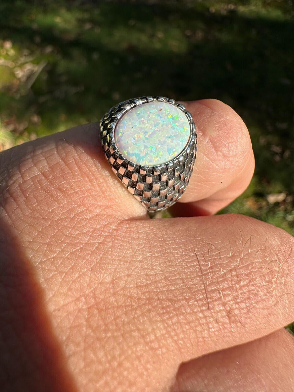 Black & White Ring - 925 Silver Oxidized - Synthetic White Opal