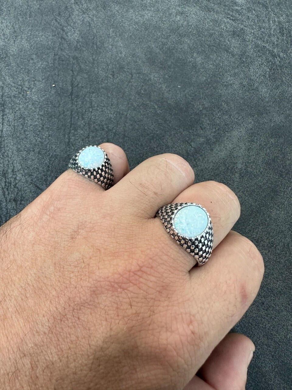 Black & White Ring - 925 Silver Oxidized - Synthetic White Opal