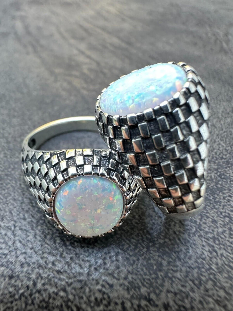 Black & White Ring - 925 Silver Oxidized - Synthetic White Opal
