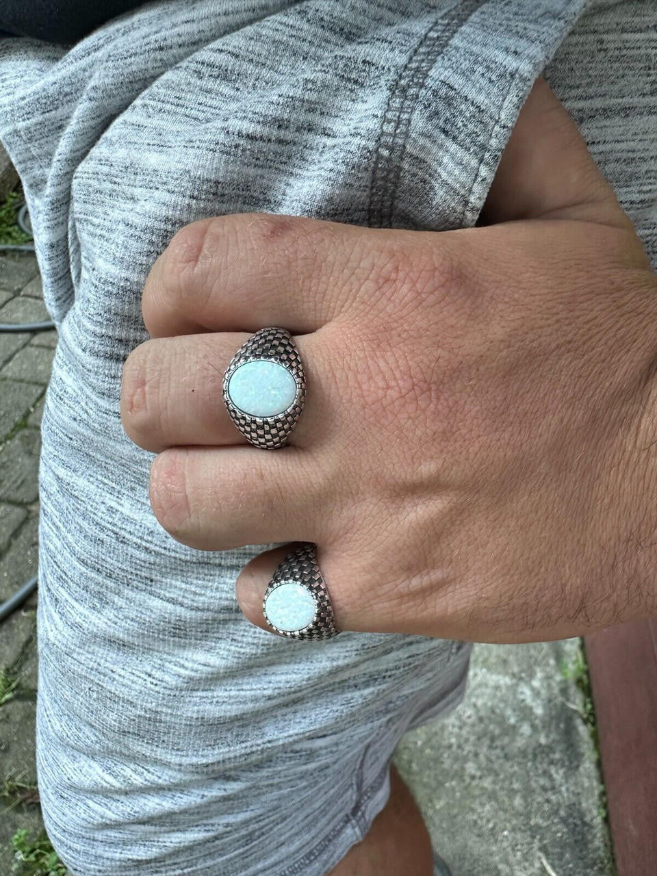 Black & White Ring - 925 Silver Oxidized - Synthetic White Opal